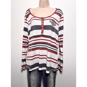 Harley Davidson Striped Long Sleeve Henley Top Orange Grey White Biker Y2K